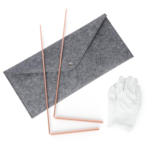 99.9% Pure Copper Dowsing Rods Kit- 2PCS 11.8 * 5.12 Inch Divining Rods+Gift Bag+Gloves for Water Divining Witching, Energy Healing, Paranormal, Ghost Hunting, Gold, Yes No Questions