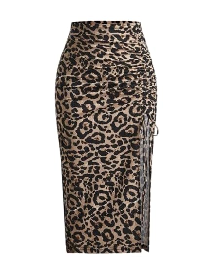 jinjin fashion Women's Leopard Print Pencil Skirt, High Waist, Side Slit, Brown and Black-picture-37