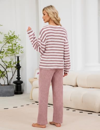 Image of Blooming Jelly Women Ribbed Long Sleeve Pajama Sets Fall Loungewear Pockets