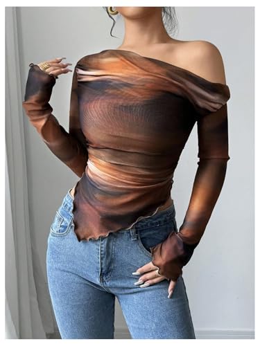 Women's Off Shoulder Tie Dye Mesh T Shirt Long Sleeve Asymmetrical Hem Ruched Fitted Tee Tops3