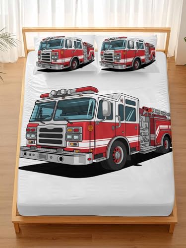 Cartoon Fire Truck Fitted Sheet Set with Pillow Cases