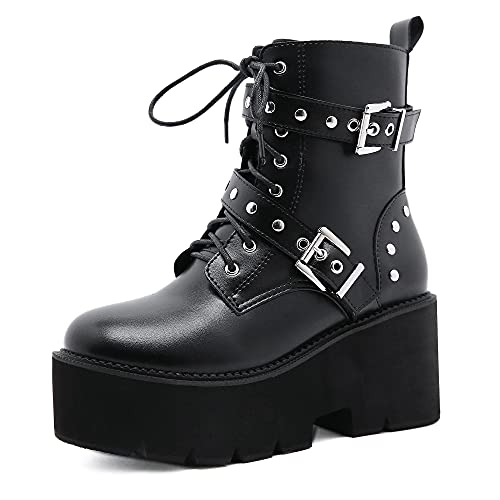 Bottes de plate-forme noire à lacets style militaire pour femme