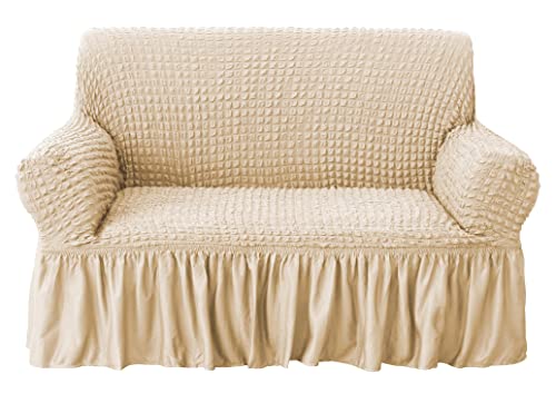 Image of House of Quirk Turkish Bubble Frill 280 GSM Sofa Slipcovers, Durable Washable Universal Double Seater High Elastic Furniture Protector (Beige, 145-185cm)
