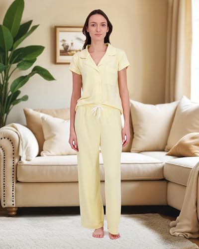 Image of Rachel Zoe Button Up Pajamas for Women Set, Jersey Knit Soft PJs with Button Down Pajama Top and Long PJ Pants