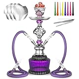 2 Hose Hookah Set 15'' Shisha With Everything Hookah Glass Vase Hollow-Carved,Coal Tong, Hookah Foil, Disposable Tips (Purple)