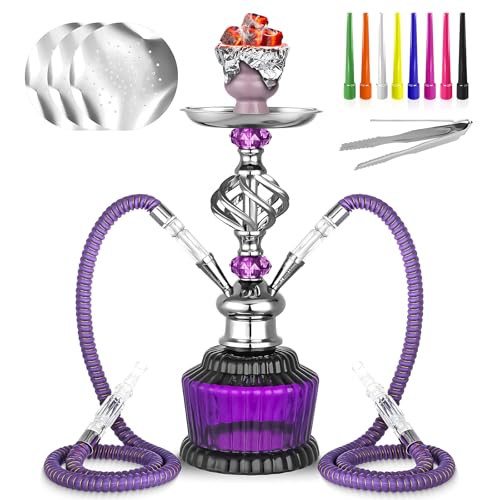 2 Hose Hookah Set 15'' Shisha With Everything Hookah Glass Vase Hollow-Carved,Coal Tong, Hookah Foil, Disposable Tips (Purple)