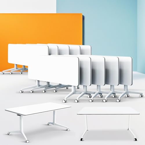 Conference Table, Foldable Conference Room Tables Flip Top Mobile Meeting Tables with Silent Wheels,Rolling White Conference Room Table Rectangular Seminar Table Suitable 2-10 people (10, 61\'\')