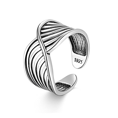 Candyfancy Frauen 925 Silber Ringe Damen Offener Vintage Verstellbar Wave Ring Breite Möbius Wellenform Midi Zeigefinger Größe L
