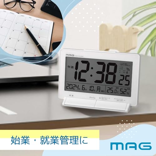 MAG(マグ) 置き時計 デジタル 電波時計 プログラム チャイム 4回 自由設定 音量切替 温度計 湿度計 温湿度計 カレンダー ライト ホワイト タイムチャイム T-792A WH-Z ノア精密 [4]