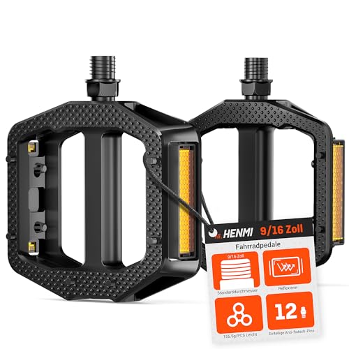 HENMI Fahrradpedale mit Reflektoren StVZO, MTB rutschfest Fahrrad Pedale 9/16 Zoll mit Abgedichtete Lager, Stabil Flat Pedale Set für Ebike Gravel Bike Trekking Rennrad Mountainbike Kinderfahrrad
