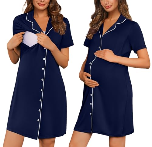 Image of Ekouaer Button Down Nursing Nightgown V Neck Breastfeeding Dress Short Sleeve Classic Maternity Pajamas