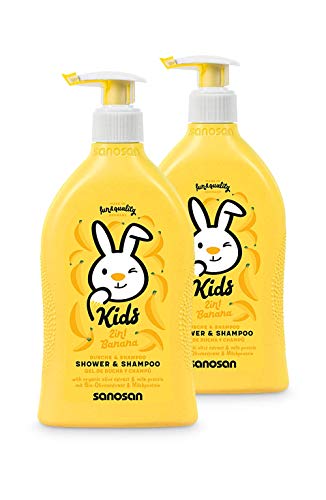sanosan 2in1 Dusche & Shampoo Banane für Kinder - Duschgel & Haarshampoo mit Bio Olivenextrakt & Milchprotein im 2er Pack (2x 400 ml) - Haarpflege, Hautpflege, Shower Gel, Haar Shampoo
