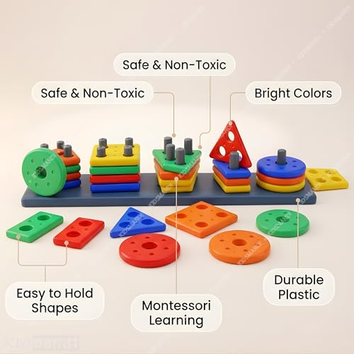Image of Kids Mandi Geometric Shape Sorter - Montessori Learning Toy for Toddlers - Color Recognition & Stacking Blocks for Fine Motor Skills - Educational STEM Toy for 1, 2, and 3 Year Old Boys & Girls