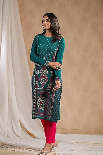 Image of ishin Women's Jacquard Style Ethnic Motifs Straight Winterwear Kurta
