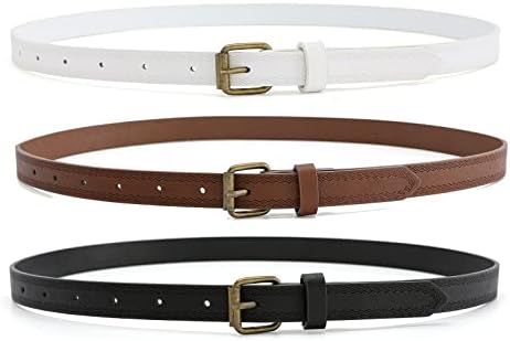 HOTWILL 3 Pack Belts for Women Jeans Dress Skinny Belts for Ladies Faux Leather Thin Waist Belt Black Brown White Medium