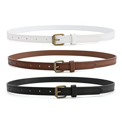Hotwill 3 Pack Belts For Women Jeans Dress Skinny Belts For Ladies Faux Leather Thin Waist Belt Black Brown White Medium #TOP1