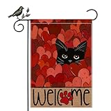 GEEORY Valentine's Day Garden Flag 12x18 Inch, Cute Black Cat in Red Love Hearts with Welcome Paw, Decorative Flag for Yard, Lawn & Outdoor Valentine’s Day Decoration | GB088-12