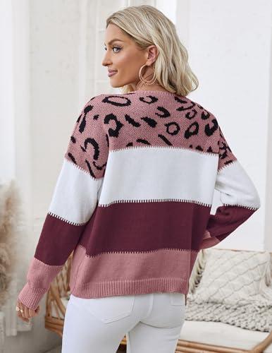 Women's Oversized Cute Color Block Leopard Sweater Spring 2025 Causal Cozy Ribbed Knit Crewneck Pullover Top3