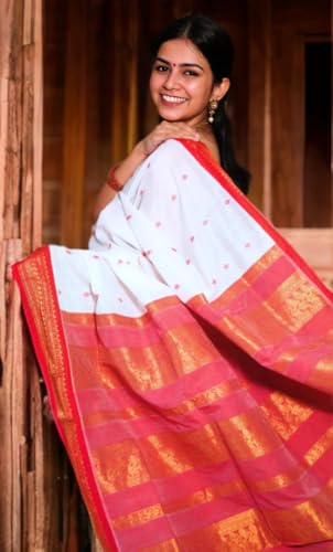 Image of Pure Kalyani Cotton Saree | Zari Border & Blouse Piece - Lata Gadwal Design | Traditional Saree