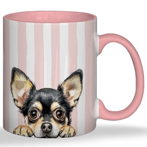MKIJUHB Chihuahuas Mug, Chihuahuas Gifts for Women Ceramic Coffee Cup With Handle, Dog Mom Dad Lovers Gifts, Pink and White Striped Dog Tea Mug, 11 Ounce
