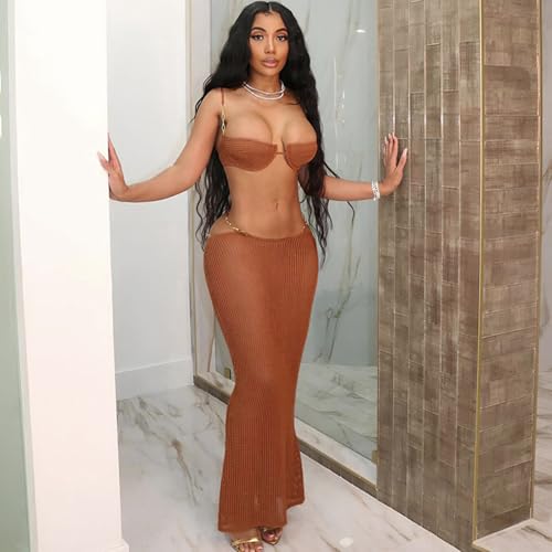 Image of Women's Dress Set, Sexy Knitted Mesh See-Through Lingerie Set, Slim-Fit Party Club Maxi Skirt