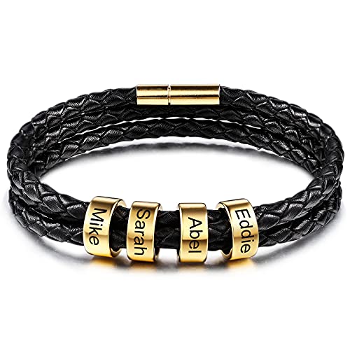 MunkiMix Personalisiertes Herren Echtes Lederarmband mit 2-6 Perlen Edelstahl Gravierte ID Geflochtene Armbänder Magnetverschluss für Paare Männer Freund Familie Geschenke