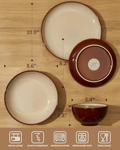 Image of Pokini 32 Piece Double Bowl Dinnerware Sets with Pasta Bowls, Highly Chip and Crack Resistant Plates and Bowls Sets, Natural Earthyware Ceramic Dishware Sets, Service for 8 Brown Yellow