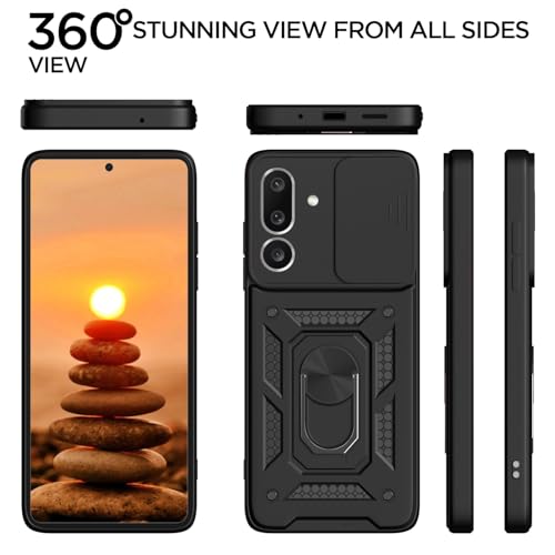 Image of Outlouders Back Cover for Samsung Galaxy M36 5G | D10 Tough Armor 360 Protection Case with Sliding Camera Shield & Ring Holder Stand Bumper Case (Black)
