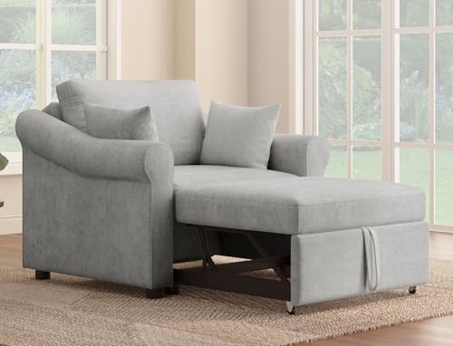 Merax Chenille Convertible Sleeper Chair with Pillow & Adjustable Backrest, Adult 3 in 1 Lounger Sofa Turns Into Chaise Lounge Recliner Single Bed for Living Room Balcony Bedroom Office, Grey