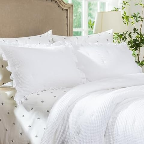 ELEGANT LIFE HOME Waffle Collection Cotton White Waffle Ruffle Dot Embroidery Pillow Sham, King 20’’ x 36’’, White, 1 Piece Cover