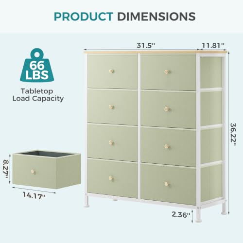 Image of OLIXIS 8 Drawer Storage Dresser with Wood Top - Wide Fabric Chest Organizer for Bedroom, Closet, Living Room,Tower Cabinet, TV Stand, Hallway Entryway Furniture, Light Green