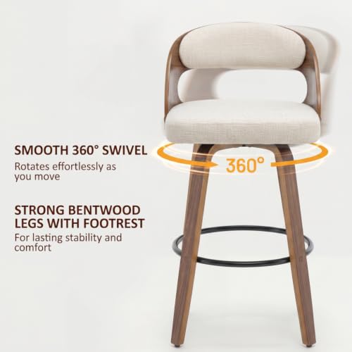 Image of AQG Swivel Bar stools Set of 1 Bar Chairs 30 inch Counter Height Mid-Century Modern Bentwood Barstool Faux Linen Upholstered Bar Chair with Back and Footrest, for Bar, Cafe, Dining, Kitchen Island, Beige