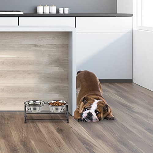 Relaxdays Hunde-Napfset mit Halterung, Napfständer Hunde & Welpen, 2 Edelstahlnäpfe je 300 ml, Futterbar, schwarz/Silber