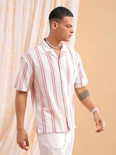 The Indian Garage Co Men's Cotton Relaxed Fit Striped Half Sleeves Cuban Collar Resort Wear Shirt