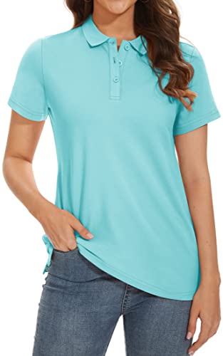 Magcomsen Women Polo Shirts Cotton Short Sleeve Breathable Casual Tops 3 Button Collared T-Shirt For Work Light Blue, M #TOP19