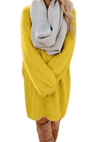 Meenew Women's Oversized Crew Neck Long Sleeve Pullover Casual Loose Baggy Sweater Dress Yellow M