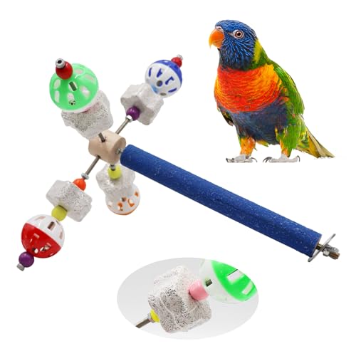 Image of Bird Perch Toy with Rotating Balls, Parrot Perch Stand with Calcium Stone Chew Toys, Bird Spinning Balls Toy, Bird Cage Accessory for Small Birds Parrots Parakeets Cockatiels Lovebirds Budgies, Black