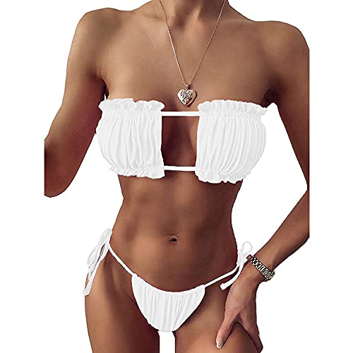 OrientalPort Damen Sexy Bandeau Bikini-Sets Frecher Tanga Badeanzug Rüschen Badeanzug Zweiteilige Trägerlos Ausgeschnitten Strandkleidung, S, Weiß Cover