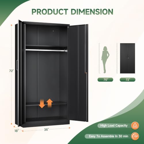 Image of Letaya Metal Wardrobe Cabinets with Lock,Clothing Locker 72 inch X 36 inch X 18 inch Storage Cabinets for Home Room,Fire Department, School, Employee,Gym,Government (Black)
