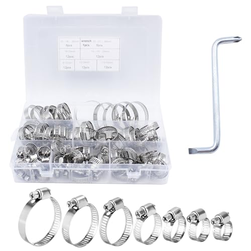 Assortiment de 73 Serre-joints à Tuyaux, Colliers de Serrage Réglables en Acier Inoxydable 304 de 6 à 38 mm pour Tuyau d'Eau, Plomberie, Automobile et Mécanique, Assortiment de 7 Tailles