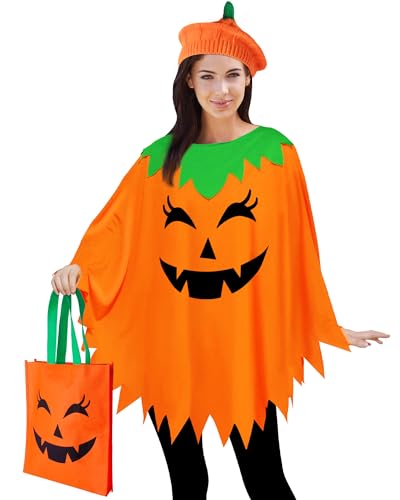CONGRU 3 PCS Pumpkin Costume for Women Adults, Poncho With Beret and Candy Bag, Halloween Costume
