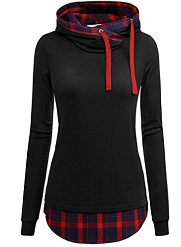 Preisvergleich Produktbild hippolo Damen Kapuzen Sweatshirt Lange Ärmel shirtschreag Halsband kariert Pullovershirt Longsleeve schwarz M