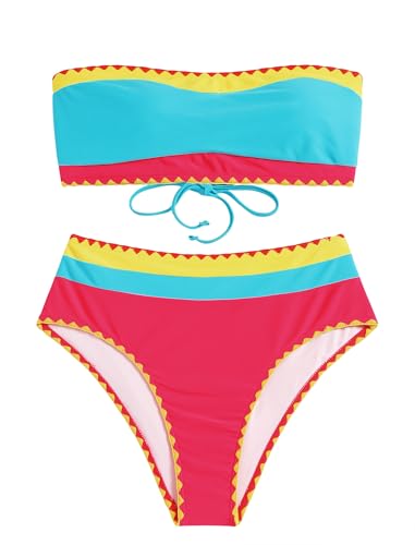 Image of ZAFUL Women's High Cut Bandeau Bikini Set Strapless Solid Color 2 Pieces Bathing Suit Swimsuit