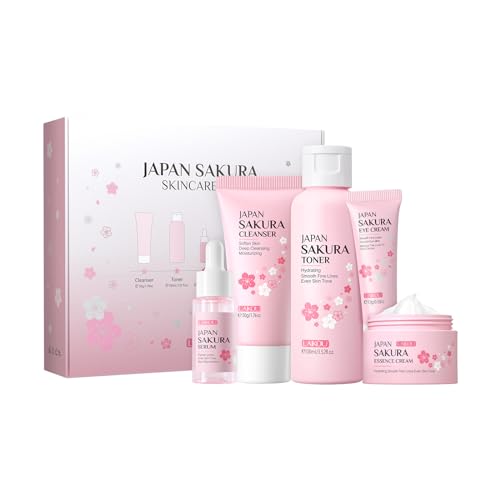 LAIKOU Sakura Ensemble de Soins du Visage, Coffret Produit de Beauté Femme, avec Nettoyant Visage,Toner, Contour Yeux, Sérum, Crème, 5Pièces coffrets de soins pour la peau pour Adolescentes et Femmes