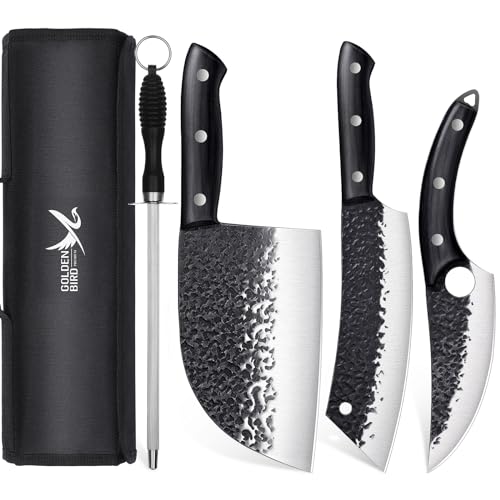 La Mejor Lista de Cuchillos para carne Top 10. 40 Juego de cuchillos de carnicero dorado Bird – 4 cuchillos de carne forjados a mano y cuchillos de chef serbio y cuchillos vikingos afilados para cortar carne, camping, barbacoa,...