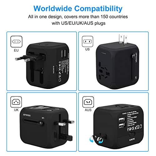 Goldfox Universal Travel Adapter, Worldwide International Plug Adapter With 2 Usb Ports, European Travel Plug Adapter, All In One Power Adapter Ac Outlet For Europe, Uk, Us, Au, Asia (Black) #TOP2