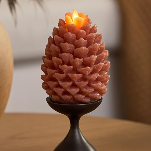 Image of Luminara Flameless Candle 4.7 inch x 6 inch Battery Operated with Timer Real Wax Unscented LED Pinecone Caramel Cafe Chalky Finish Pine Cone Figural Holiday Decoration Rustic Centerpiece Table Decor
