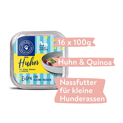 Pets Deli Mini Hunde Nassfutter Huhn, Quinoa, Brokkoli, für kleine, wählerische Rassen, leicht verdaulich, getreidefrei, ohne Zucker, 16x100 g, Premium Qualität