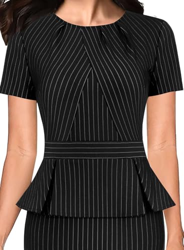 Image of VFSHOW Womens Pleated Crew Neck Peplum Work Business Office Church Bodycon Pencil Sheath Dress