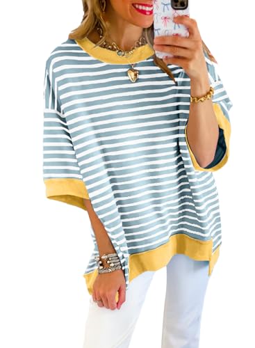 Image of SHEWIN Womens Tops Casual Short Sleeve Sweatshirt Crewneck Striped Shirt Pullover T Shirts Loose Blouses